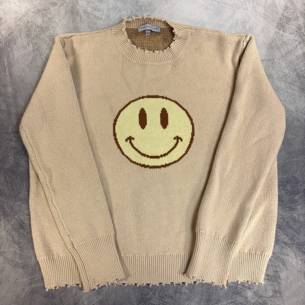 Miss Sparkling Sweater Womens XL Tan Smiley Face Distressed Crew Neck Knit